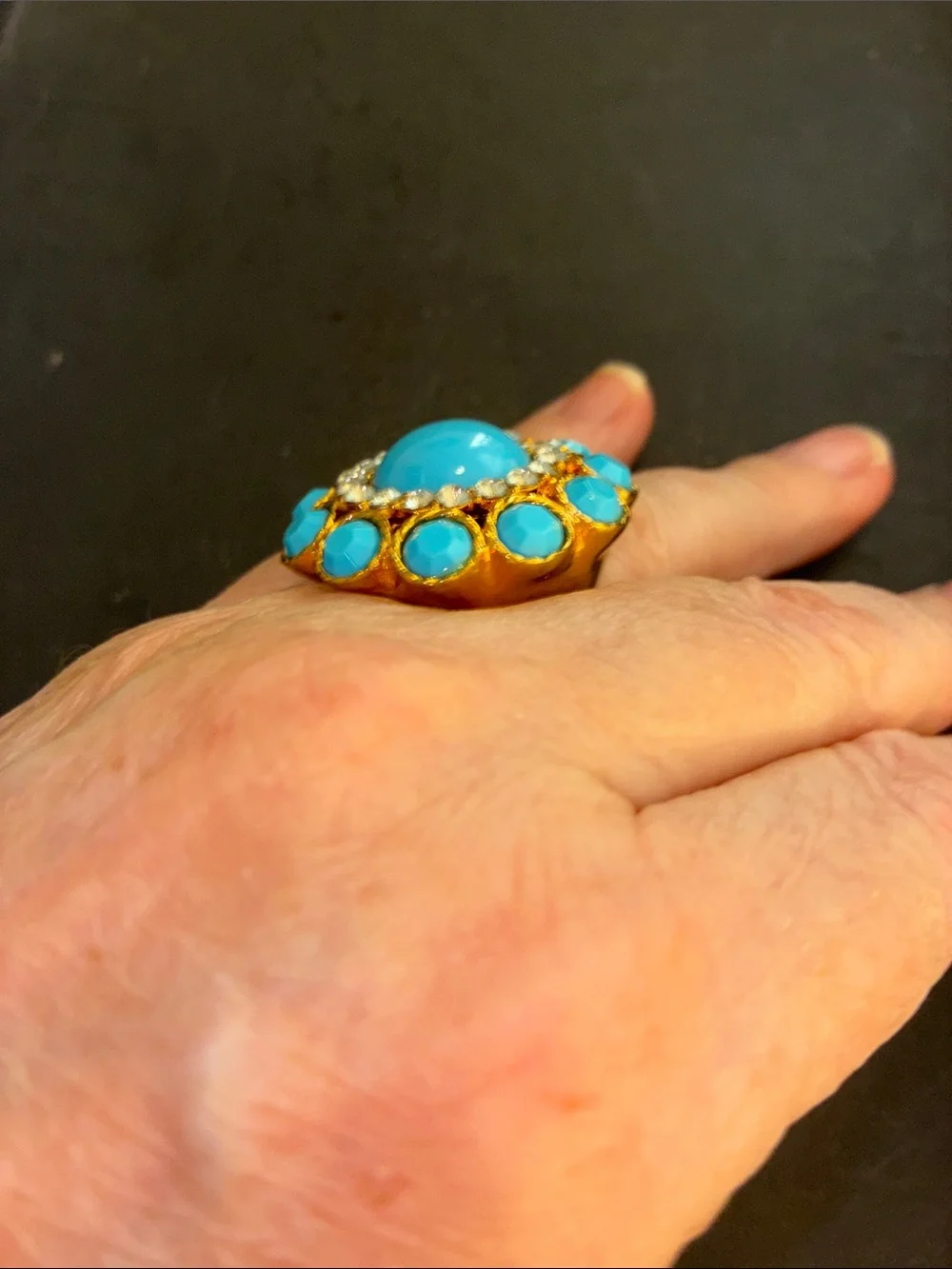 Turquoise Cabochon Statement Ring with Surrounding Clear Crystals